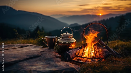 Cauldron on the fire, against the background of the forest and mountains