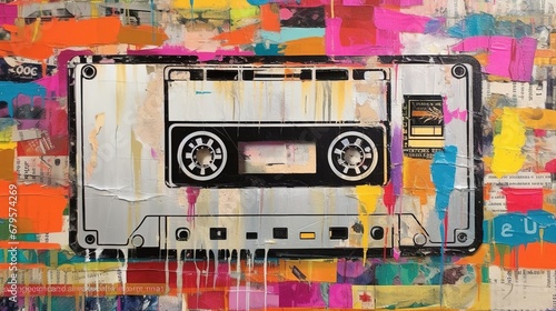 Generative AI, Grunge audio tape cassette, pop art graffiti, vibrant color. Ink melted paint street art on a textured paper vintage background 