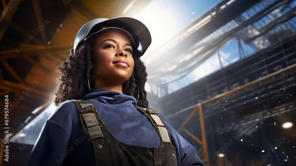 Mujer joven afroamericana con casco y pelo largo posando de pie con su ropa de trabajo en una obra al aire libre. Mujer joven afroamericana con casco y pelo largo posando de pie con su ropa de trabajo en una obra al aire libre.