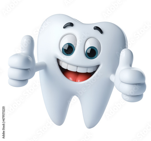 Smiling cartoon tooth character, showing thumbs up, 3d style, isolated, transparent PNG