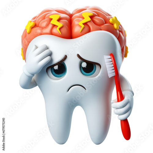 Sad cartoon tooth character with cracks and caries, 3d style, isolated, transparent PNG photo