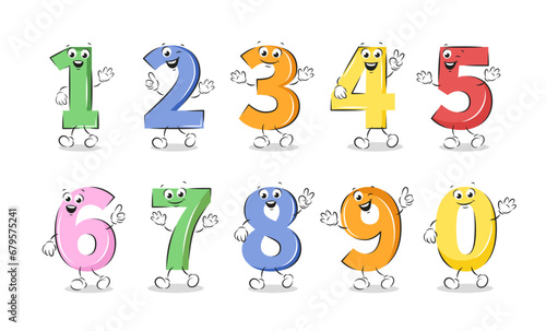 Set of cute and funny colorful number math symbols in cartoon style. One, two, three, four, five, six, seven, eight, nine, zero. Knowledge and education concept. Vector illustration for children desig