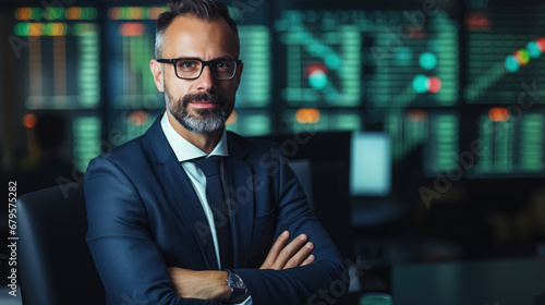 confident handsome businessman on the stock exchange, stylish man, guy, office, banker, work, financier, broker, investor, portrait, face, suit, financial sector, corporation, boss, director, manager