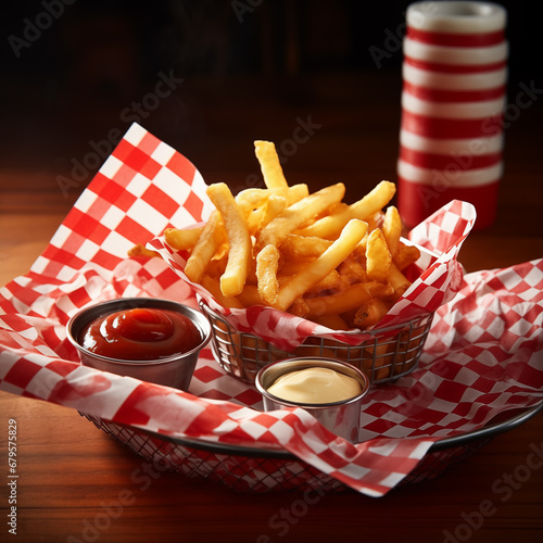 Set of french fries and sauces on table. Generative AI