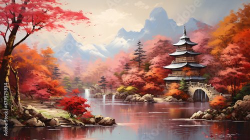 Famous landmarks of Japan in autumn oil painting