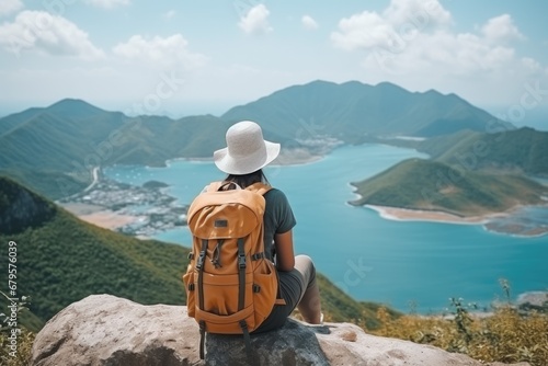 Woman traveler hiking in mountains with backpack, looking at view. AI Generated