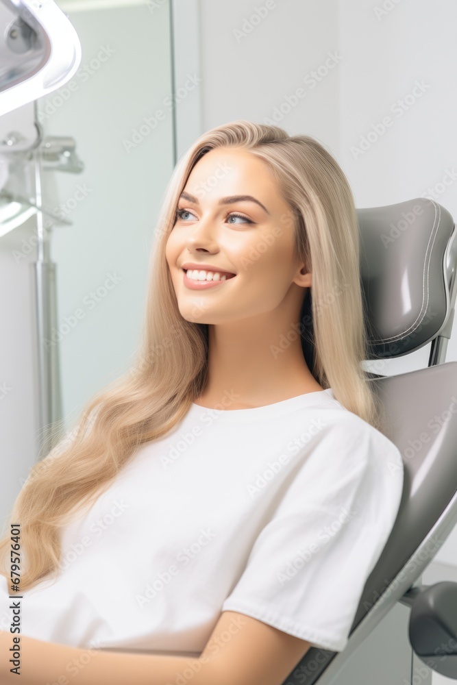 European woman smiling happily while sitting in medical chair at dental clinic. AI Generated European woman smiling happily while sitting in medical chair at dental clinic. AI Generated