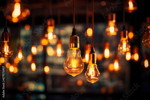 Decorative antique pendant light bulbs. A lot of not particularly bright lamps against a dark background. photo