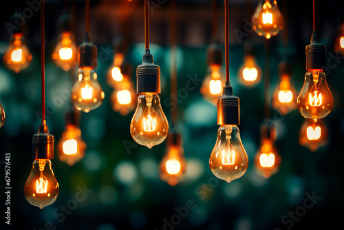 Decorative antique pendant light bulbs. Different shapes of glowing retro lamps hanging on dark natural environment background.