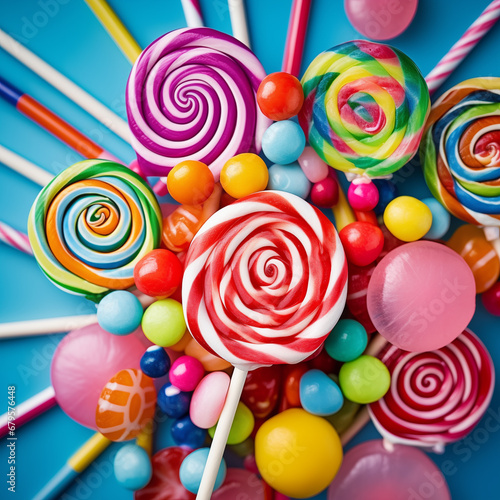 Colorful lollipops on blue background. Generative AI