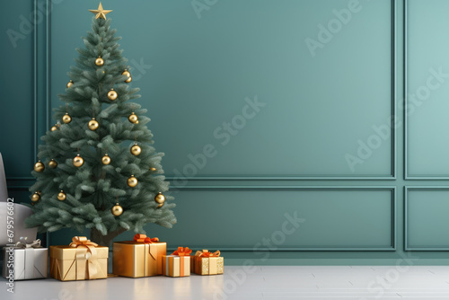 Christmas tree, presents, gifts and decoration in modern living room. Green mockup wall. Festive Christmas and New year background