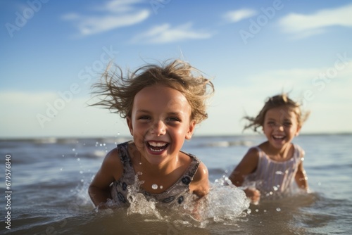 A Cute diverse boy and little girl running and splashing together in the ocean. AI Generated © dark_blade