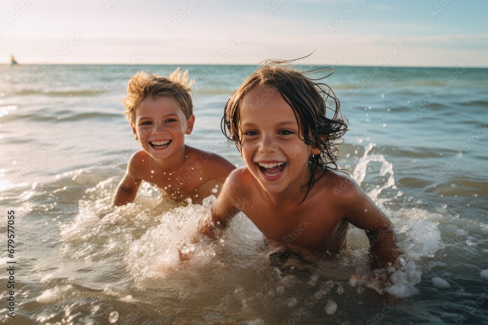 A Cute diverse boy and little girl running and splashing together in the ocean. AI Generated A Cute diverse boy and little girl running and splashing together in the ocean. AI Generated