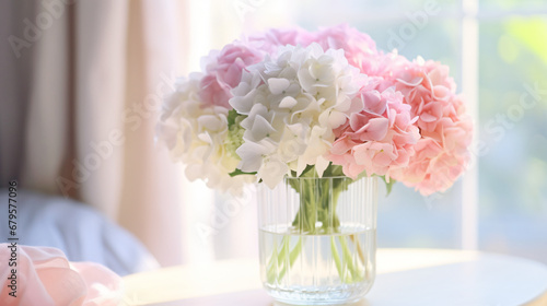 Beautiful bouquet of hydrangeas in a glass