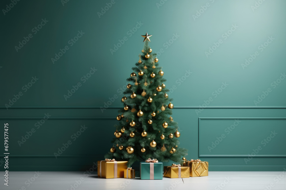 Christmas tree, presents, gifts and decoration in modern living room. Green mockup wall. Festive Christmas and New year background Christmas tree, presents, gifts and decoration in modern living room. Green mockup wall. Festive Christmas and New year background