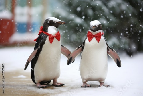 Penguins dressed in festive attire at a formal snowball. © OhmArt