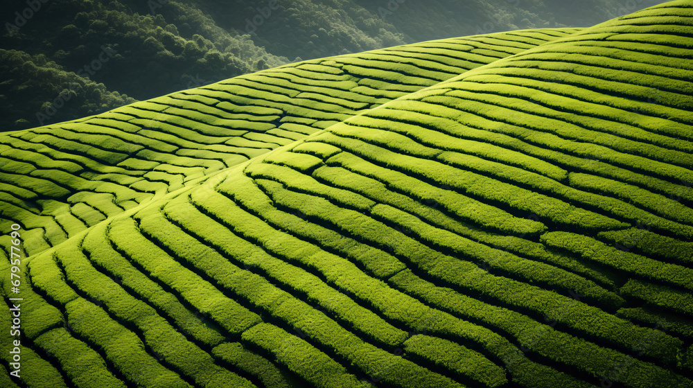 Fototapeta premium Ecological tea garden, top view texture