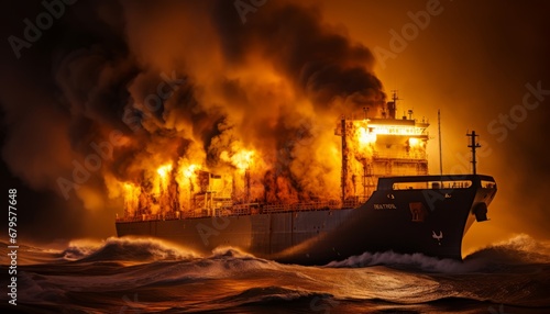 Burning cargo ship defying stormy ocean waves, highlighting the significance of safety precautions photo