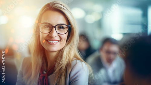Beautiful businesswoman Isolated in an office meeting on blurred flare bokeh abstract background