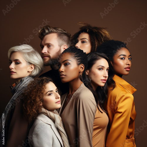 Multiethnic group of young people standing in a row. Studio shot,Generative AI