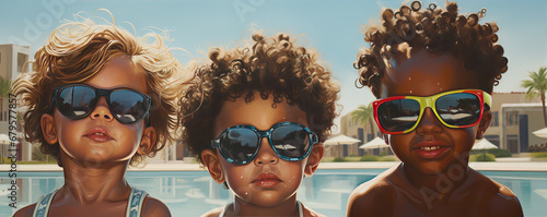 Three funny kids in sunglasses on the edge of swimming pool. Summer holiday children photo.
