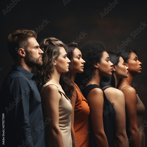 Multiethnic group of young people standing in a row. Studio shot,Generative AI