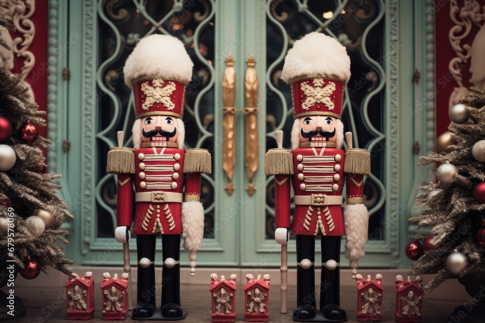 Nutcracker soldiers guarding the entrance to a gingerbread castle.