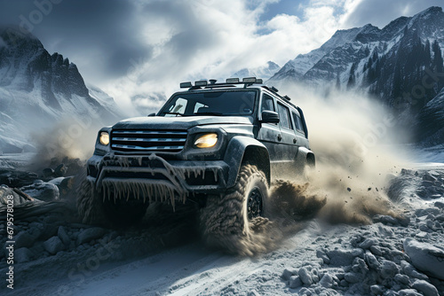 4x4 SUV rides off-road with snowdrifts in race competition in winter in the mountains photo