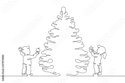 Children decorate the Christmas tree. Christmas tree. New Year. Christmas. Children with New Year's toys. Gifts under the tree.One continuous line drawing. Linear.Hand drawn, white background.One line © derplan13