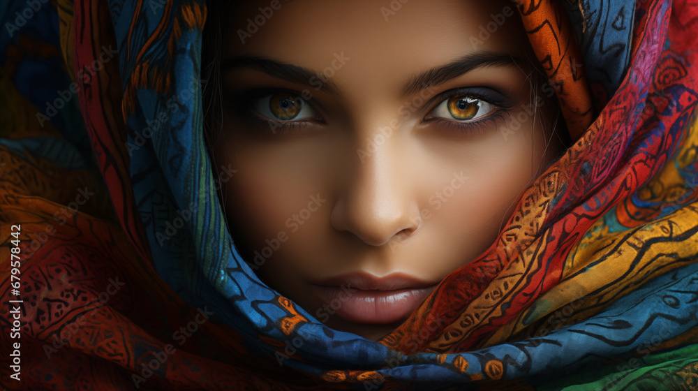 Portrait of Arabic woman, her beauty accentuated by a vibrant and colorful veil