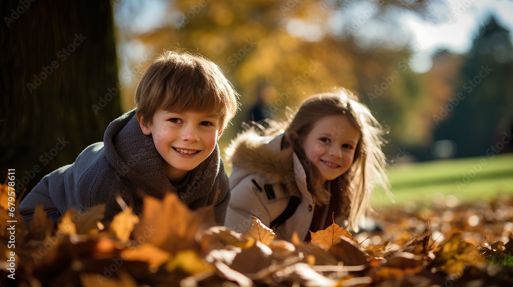 autumn, sunny day, park, field, tree, fallen leaves, children, cute boy and girl. generative AI autumn, sunny day, park, field, tree, fallen leaves, children, cute boy and girl. generative AI