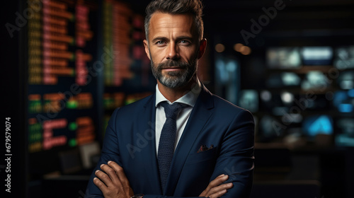 confident handsome businessman on the stock exchange, stylish man, guy, office, banker, work, financier, broker, investor, portrait, face, suit, financial sector, corporation, boss, director, manager