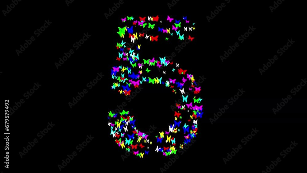 Number 5 with colorful butterflies on plain black background Number 5 with colorful butterflies on plain black background