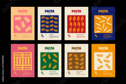 Italian macaroni types, labels for packages set. Riccioli, spighe, orecchiette, gemelli, castellane, conchiglie rigate, casarecce, gnocchi pasta. Organic and natural product