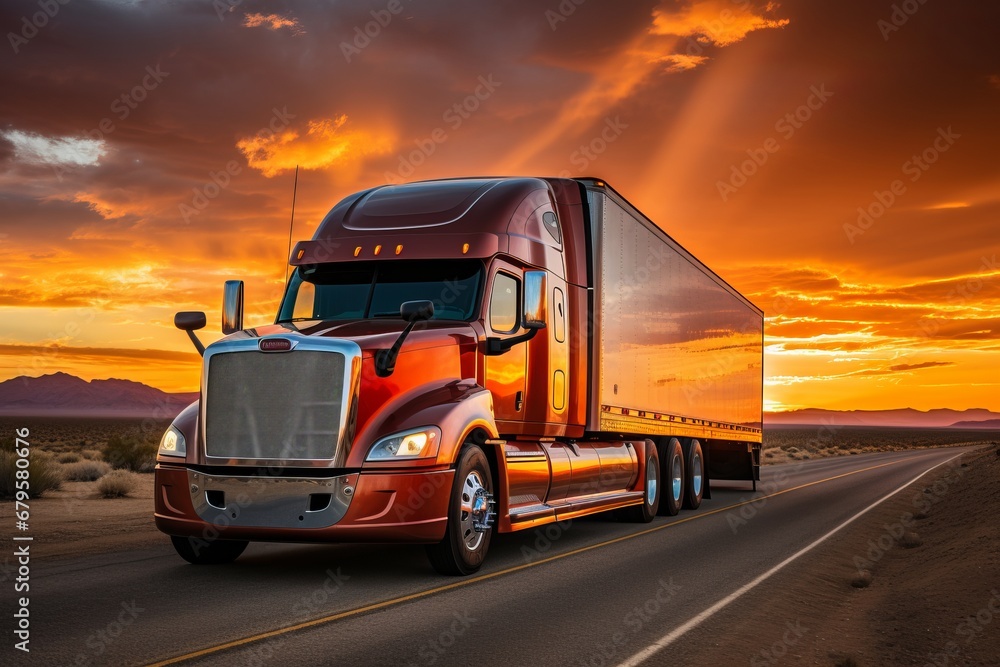 Scenic view of a white pickup truck driving on a winding highway during a breathtaking sunset