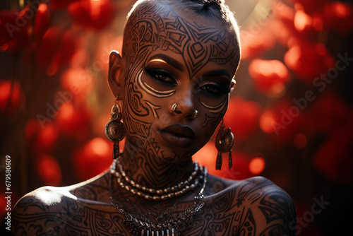 Face of a black woman adorned with intricate facial tattoos a blend of traditional and contemporary styles. photo