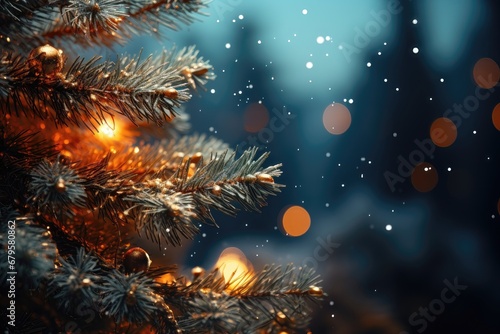In this festive close-up  a brilliantly illuminated Christmas tree stands against a backdrop of blurred snowy scenery  capturing the enchantment of the holiday season. Photorealistic illustration