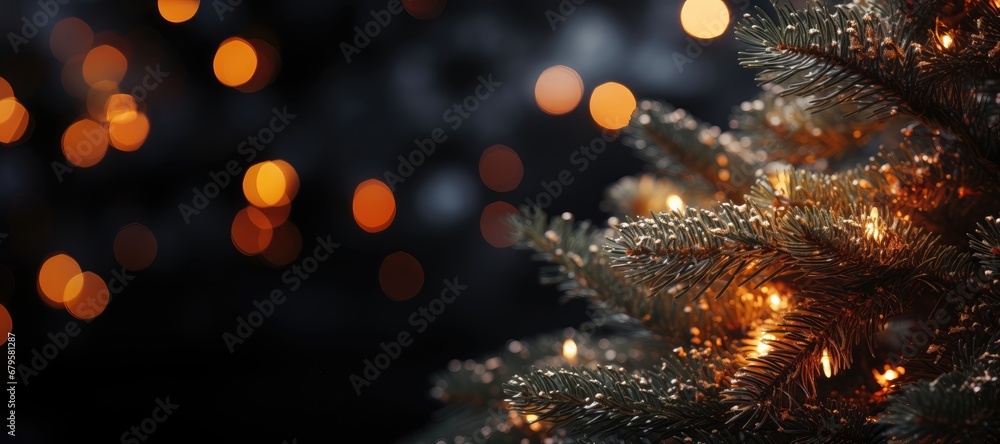 In this wide-format Christmas abstract background, intricately detailed fir branches provide a festive atmosphere with room for customization and a depth of field effect. Photorealistic illustration