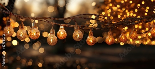 In this Christmas abstract background, holiday lights twinkle against a blurred background, creating a festive and atmospheric scene with a subtle depth of field effect. Photorealistic illustration
