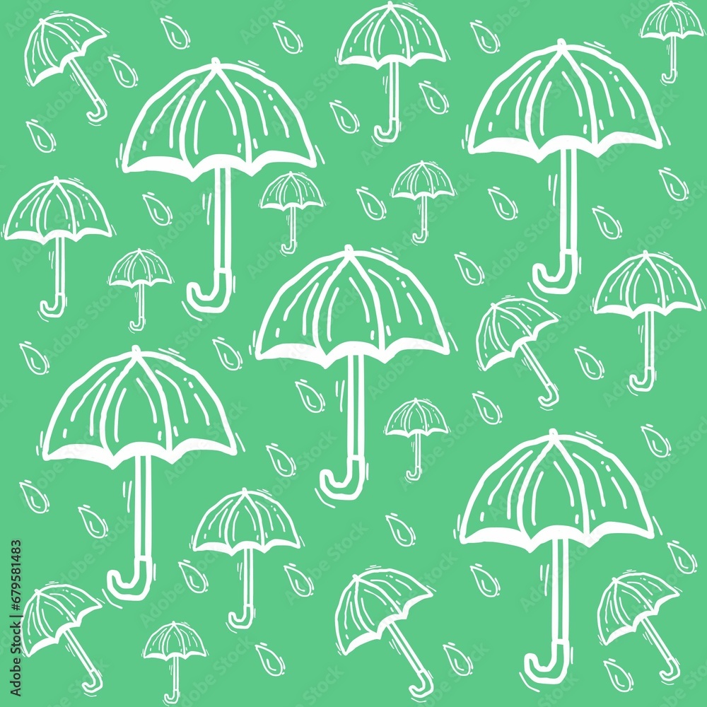 various umbrellas and blue rain drops on green background