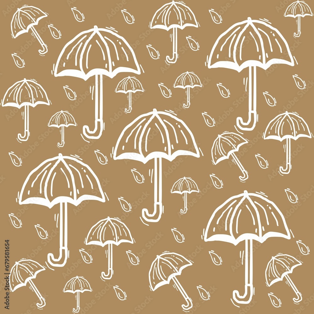 various umbrellas and blue rain drops on brown background