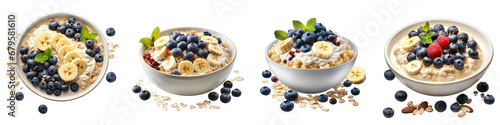 Oatmeal with blueberries and banana Hyperrealistic Highly Detailed Isolated On Transparent Background Png File