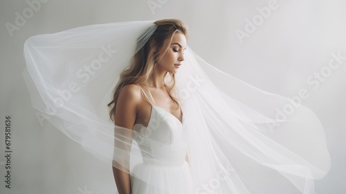 Generative image of a bride in a white gown against a white backdrop. The bride stands gracefully, her veil flowing delicately in the air photo