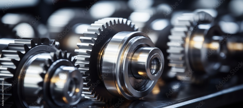 Close up of silver metallic engine gear wheels on industrial background with mechanical components Close up of silver metallic engine gear wheels on industrial background with mechanical components