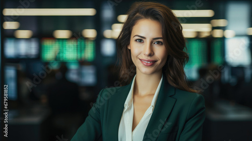 beautiful young business woman on the stock exchange, stylish girl, lady, office, banker, work, financier, broker, investor, portrait, face, suit, financial sector, corporation, boss, director, manage