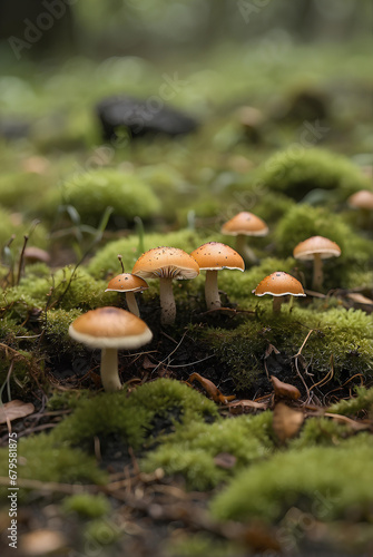 A mossy ground with tiny mushrooms in the background.