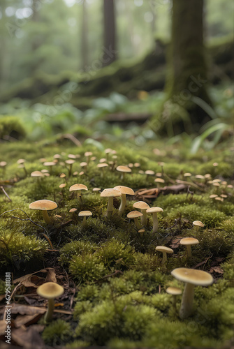 A mossy ground with tiny mushrooms in the background. photo