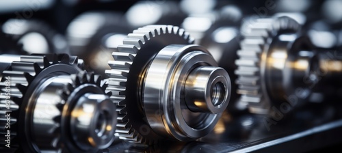 Close up of silver metallic engine gear wheels on industrial background with mechanical components photo