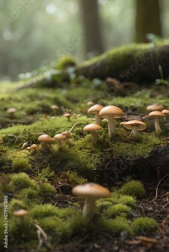 A mossy ground with tiny mushrooms in the background.
