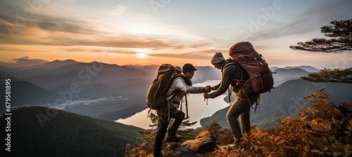 Asia couple helping each other hike up a mountain at sunrise active fit lifestyle concept